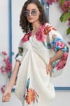 Tasuvure_White Pleated Polyester Print Kimono Kitsch Botanical Pattern Dress  _Online_at_Aza_Fashions