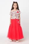 LIL DRAMA_Red Net Printed Floral Choli And Tiered Ghaghra Set _Online_at_Aza_Fashions