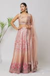 Shop_Samyukta Singhania_Peach Blouse And Lehenga Pure Silk Embroidered Floral V Neck Hand Bridal Set _Online_at_Aza_Fashions