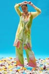Buy_Cin Cin_Green Satin Printed Abstract Shrug Shirt Collar Long Pant Set _at_Aza_Fashions