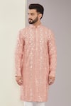 Buy_Kasbah_Peach Silk Embroidered Mirrorwork Kurta _Online_at_Aza_Fashions