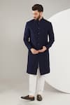 Buy_Kasbah_Blue Velvet Embroidered Cutdana Thread And Sherwani Set _at_Aza_Fashions