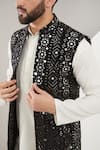 Kasbah_Black Silk Embroidered Mirror Long Open Nehru Jacket _Online_at_Aza_Fashions