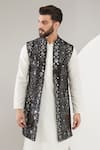 Buy_Kasbah_Black Silk Embroidered Mirror Long Open Nehru Jacket _Online_at_Aza_Fashions