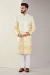 Buy_Kasbah_Yellow Chanderi Silk Embroidered Floral And Bird Motif Sherwani Set _at_Aza_Fashions