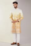 Buy_Kasbah_Yellow Chanderi Silk Embroidered Applique Floral Sherwani Set _at_Aza_Fashions