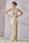 Buy_Tarun Tahiliani_Ivory Foil Jersey Pearl Halter Neck Concept Saree With Bead Work Corset _at_Aza_Fashions