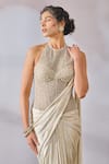 Tarun Tahiliani_Ivory Foil Jersey Pearl Halter Neck Concept Saree With Bead Work Corset _Online_at_Aza_Fashions