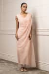 Buy_Tarun Tahiliani_Peach Crinkle Embellished Crystal Tassel V Neck Ombre Pleated Draped Dress _at_Aza_Fashions