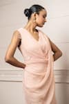 Tarun Tahiliani_Peach Crinkle Embellished Crystal Tassel V Neck Ombre Pleated Draped Dress _Online_at_Aza_Fashions