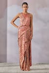 Buy_Tarun Tahiliani_Red Foil Jersey Embellished Chevron Stripe Pattern And Concept Saree With Bodysuit _at_Aza_Fashions