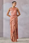 Tarun Tahiliani_Red Foil Jersey Embellished Chevron Stripe Pattern And Concept Saree With Bodysuit _Online_at_Aza_Fashions