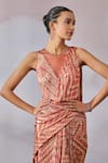 Buy_Tarun Tahiliani_Red Foil Jersey Embellished Chevron Stripe Pattern And Concept Saree With Bodysuit _Online_at_Aza_Fashions