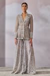 Buy_Tarun Tahiliani_Silver Jacket And Sharara Tulle Hand Embroidered Stones Victorian Sequin Set _at_Aza_Fashions