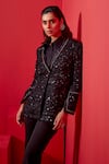 Studio22 by Pulkita Arora Bajaj_Black Tweed Embellished Sequin Plunge V Neck Jacket And Pant Set _at_Aza_Fashions