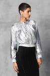 Buy_Mellowdrama_Silver 100% Cotton Plain Round Collar Foil Effect Bomber Jacket _at_Aza_Fashions