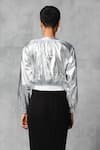 Shop_Mellowdrama_Silver 100% Cotton Plain Round Collar Foil Effect Bomber Jacket _at_Aza_Fashions