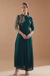 Buy_BAIDEHI_Green Chinnon Georgette Embroidery Sequin Mandarin Collar Work Draped Dress _at_Aza_Fashions