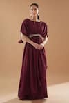 Buy_Baidehi_Maroon Georgette Embroidery Boat Neck Waistband Dress And Palazzo Set _at_Aza_Fashions