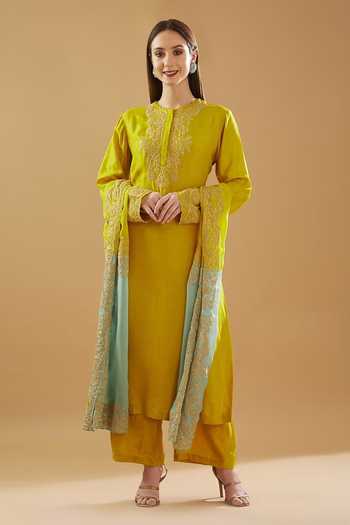 Buy_BAIDEHI_Yellow Silk, Organza Embroidery, Sequins Round Floral Zari Kurta Palazzo Set _at_Aza_Fashions