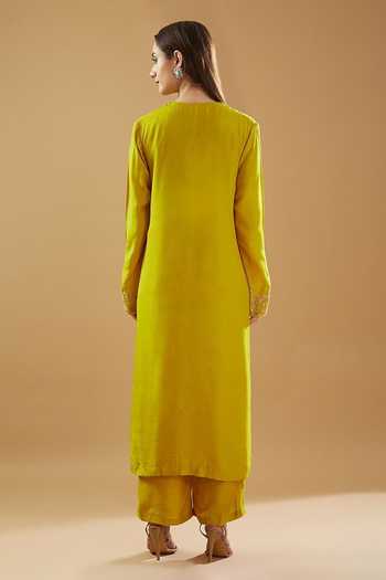 Shop_BAIDEHI_Yellow Silk, Organza Embroidery, Sequins Round Floral Zari Kurta Palazzo Set _at_Aza_Fashions