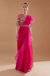 Buy_BAIDEHI_Fuchsia Blouse Organza Embroidered Thread Pre-draped Ruffle Saree With Floral _at_Aza_Fashions