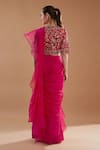 Shop_BAIDEHI_Fuchsia Blouse Organza Embroidered Thread Pre-draped Ruffle Saree With Floral _at_Aza_Fashions