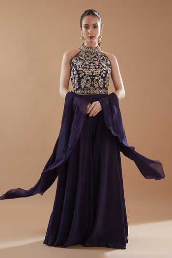 Buy_BAIDEHI_Purple Crepe, Organza, Georgette Cut Work, Hand Embroidered Blouse Palazzo Set _at_Aza_Fashions