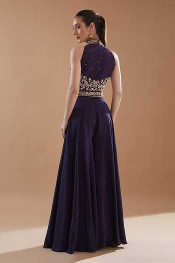 Shop_BAIDEHI_Purple Crepe, Organza, Georgette Cut Work, Hand Embroidered Blouse Palazzo Set _at_Aza_Fashions