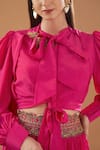 BAIDEHI Fuchsia Crepe Cut Work, Pearls, Sequins Balloon Sleeve Crop Top And Skirt Set Online at Aza Fashions BAIDEHI_Fuchsia Crepe Cut Work, Pearls, Sequins Balloon Sleeve Crop Top And Skirt Set _Online_at_Aza_Fashions