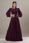 Buy_Baidehi_Wine Crepe Sequins, Pearls, Cut Work Balloon Sleeve Solid Crop Top And Skirt Set _at_Aza_Fashions