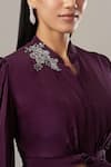 Baidehi_Wine Crepe Sequins, Pearls, Cut Work Balloon Sleeve Solid Crop Top And Skirt Set _Online_at_Aza_Fashions