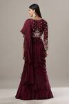 Shop_BAIDEHI_Wine Crepe, Chiffon Embroidery V-neck Pre-draped Lehenga Saree With Hand Blouse _at_Aza_Fashions