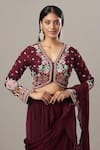 BAIDEHI_Wine Crepe, Chiffon Embroidery V-neck Pre-draped Lehenga Saree With Hand Blouse _Online_at_Aza_Fashions