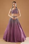 Buy_BAIDEHI_Purple Crepe Silk Hand Embroidered Cutdana Asymmetric Crop Top And Lehenga Set _at_Aza_Fashions