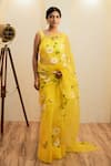 Buy_Mangalmay by Aastha_Yellow Saree Pure Organza Hand Painted Daisy With Unstitched Blouse Piece _at_Aza_Fashions