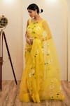 Mangalmay by Aastha_Yellow Saree Pure Organza Hand Painted Daisy With Unstitched Blouse Piece _Online_at_Aza_Fashions