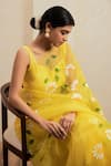 Shop_Mangalmay by Aastha_Yellow Saree Pure Organza Hand Painted Daisy With Unstitched Blouse Piece _Online_at_Aza_Fashions