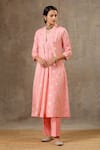 BBAAWRI_Peach Banarasi Chanderi Woven Flower V Neck Kurta Set _Online_at_Aza_Fashions