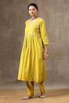 BBAAWRI_Yellow Banarasi Chanderi Woven Flower V Neck Kurta Pant Set _at_Aza_Fashions