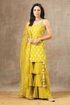 BBAAWRI_Yellow Banarasi Chanderi Woven Bouquet Round Kurta Sharara Set _Online_at_Aza_Fashions