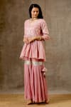 Buy_BBAAWRI_Pink Banarasi Chanderi Woven Tear Drop V Neck Floral Peplum Kurta Sharara Set _Online_at_Aza_Fashions