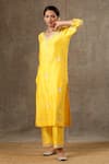 Buy_BBAAWRI_Yellow Pure Handloom Chanderi Silk Embroidery Thread V Neck Floral Kurta Set _Online_at_Aza_Fashions