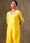 Shop_BBAAWRI_Yellow Pure Handloom Chanderi Silk Embroidery Thread V Neck Floral Kurta Set _Online_at_Aza_Fashions