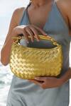 Shop_Pine and Drew_Gold Woven Cecily Geometric Pattern Metallic Handle Handbag_at_Aza_Fashions