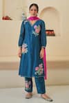 Buy_Pita Nila_Blue Chanderi Embroidery Floral V Neck Jehan Hand Kurta Pant Set  _at_Aza_Fashions