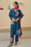 Buy_Pita Nila_Blue Chanderi Embroidery Floral V Neck Jehan Hand Kurta Pant Set  _Online_at_Aza_Fashions