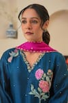 Pita Nila_Blue Chanderi Embroidery Floral V Neck Jehan Hand Kurta Pant Set  _at_Aza_Fashions