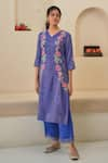 Buy_Pita Nila_Purple Tissue Hand Embroidery Floral V Neck Rehaab Kurta Palazzo Set  _Online_at_Aza_Fashions