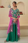 Buy_Pita Nila_Green Gaji Silk Print Floral V Seri Hand Embroidered Kurta Lehenga Set _at_Aza_Fashions